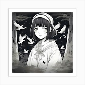 Anime Girl With Birds Art Print