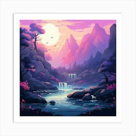 Beautiful Nature Scene With Waterfalls In Pink & Purple Art Print