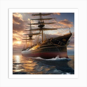 Ship Sailing At Sunset Art Print