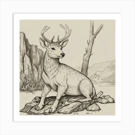 Deer Sitting On Rocks Art Print