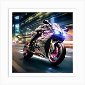 Speeding Motorcycle At Night Art Print