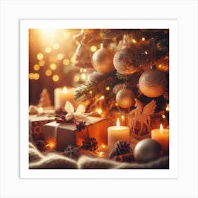 Christmas Tree With Gifts And Candles Art Print