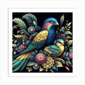 Parrots And Flowers Art Print