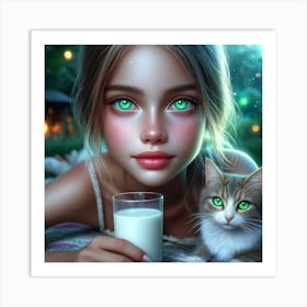 Little Girl With Cat And Glass Of Milk Art Print