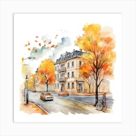 Watercolor Autumn Street 1 Art Print