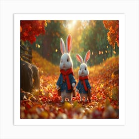 Rabbits In Autumn Leaves Art Print