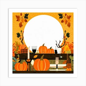 An Illustration Of A Thanksgiving Inspired Table Set Against An Autumn Nature Backdrop Showcasing A (5) Art Print