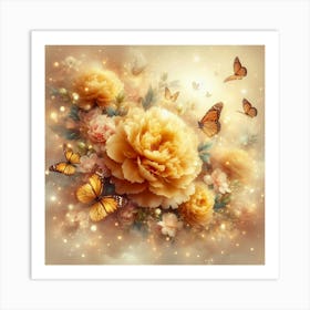 Yellow Peonies With Butterflies Art Print