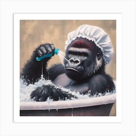 Gorilla In The Bath Tub & Shower Cap Art Print