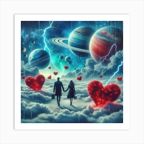 Couple Holding Hearts In The Sky Art Print