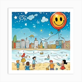 Cartoon Illustration Of A Hand Drawn Balloon Adorned With A Happy Face Floating Over A Bustling Beac (3) Art Print