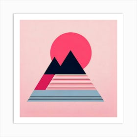 "Pink Sun Over Graphical Mountains"  This image, "Pink Sun Over Graphical Mountains," depicts an abstract, graphical representation of mountains with a vibrant pink sun setting in the background. The use of bold colors and geometric shapes creates a striking visual that is both modern and simplistic, ideal for adding a splash of color and contemporary style to any space. Art Print