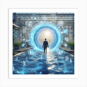 Futuristic Man Standing In Water Art Print