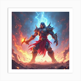 Fighter In A Watercolor Arena, Surrounded By Energy Blasts 1 Art Print