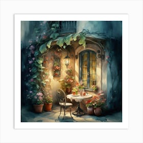 Quiet and attractive dining nook, overgrown flowers, high quality, detailed, highly 3D, elegant carved cart, 18 Art Print