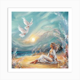 Doves On The Beach 1 Art Print