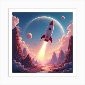 Rocket Exploring A Watercolor Alien Planet Landscape 1 Art Print