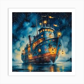 Schooner At Night Poster