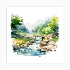 Watercolor Landscape With Bridge Art Print