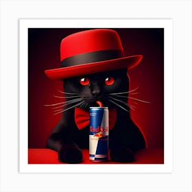 A Black Cat With A Red Hat Drinking A Red Bull Energy Drink 6 Póster