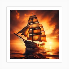 Sailing Ship At Sunset 1 Art Print