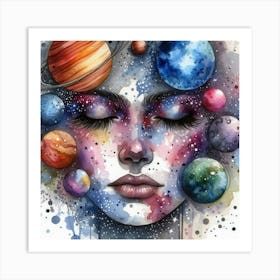 Watercolor Of A Woman With Planets Art Print