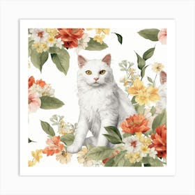 White Cat With Flowers Art Print