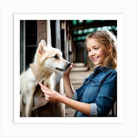 Girl Grooming Dog Art Print