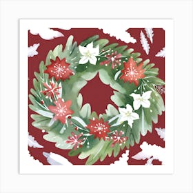 Christmas Wreath Wall Art Burgundy Background Botanical Style #1 Art Print