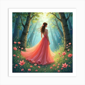 Flowing Gown In Watercolor, Amidst A Magical Enchanted Forest 1 Art Print