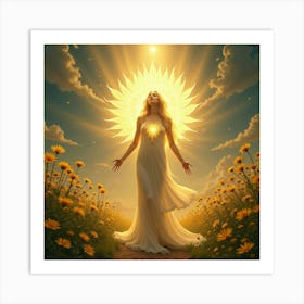 A Radiant, Divine Being In A Celestial Garden With Golden Flowers 1 Art Print