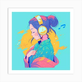 Cute Girl Listening To Music Art Print