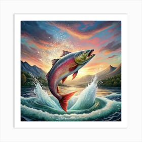 Salmon Leaping In A Mountain River At Sunset 1 Art Print