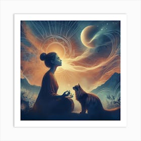 Meditating Woman With Cat 5 Art Print