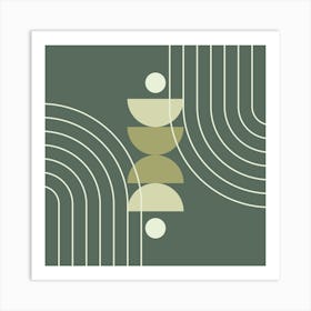 Modern Mid Century Sun, Moon Phases and Rainbow Abstract 33 in Forest Sage Green Art Print