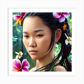 Beautiful Young Thai Woman Portrait With Tropical Flower Art Print