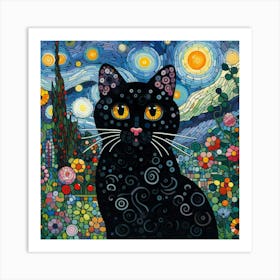 Black Cat With Starry Sky Art Print