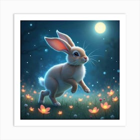 A Rabbit With A Mystical Aura, Hopping Through A Moonlit Meadow Filled With Glowing Flowers Art Print