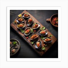 Mussels On A Wooden Board Art Print