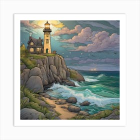 Lighthouse At Night Landscape 8 Art Print
