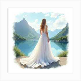 Stylish Gown In Watercolor, With A Dreamy Mountain Lake View 1 Art Print