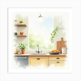 Elegant Watercolor Kitchen Background, Bright And Inviting 1 Art Print