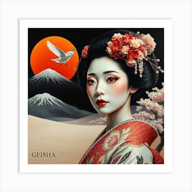 Geisha In Landscape With Bird Art Print