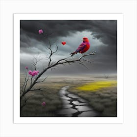 Red Bird On A Branch Art Print