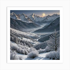 Snowy Mountain At Night Time During Full Moon Art Print