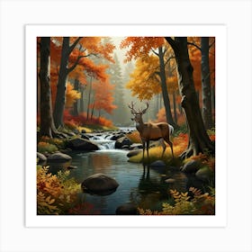 Serene forest scene during autumn. Display trees with orange and red leaves, a gentle stream flowing Art Print