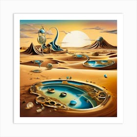 Surreal landscape melting pocket watches and a central figure resembling a mollusk, scattered across a barren desert Art Print