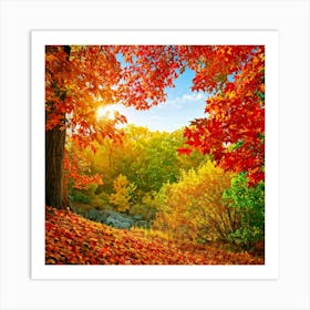 Autumnal Landscape Leaves In Vibrant Oranges Reds And Yellows Scattered Acorns Nestled Amidst Th (3) Art Print