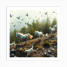 Into the Wild: Harmony of Horses, Dogs, and Birds in Nature's Embrace Art Print