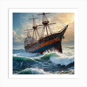 Ship In Rough Seas Art Print